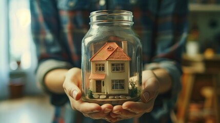 Close-up of a small house model being placed inside a glass jar, symbolizing the idea of saving up for a dream home.