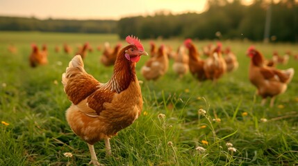 Chickens walk on grass in morning