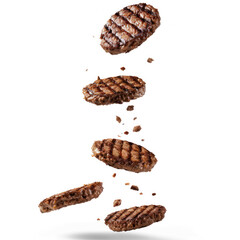 Falling grilled hamburger meat falling on transparency background PNG
