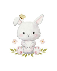 watercolor white rabbit sitting in flower wreath