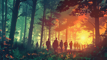 Group of backpackers walking through forest 