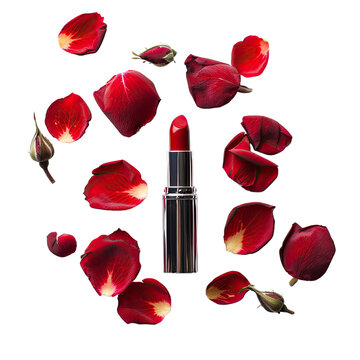 beauty concept with red rose leafs and red lipstik on transparent background