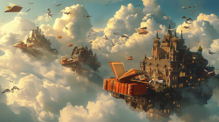 
A celestial library, its shelves of books floating along a pathway amidst the clouds under a radiant sky, accompanied by the graceful flight of birds overhead.
