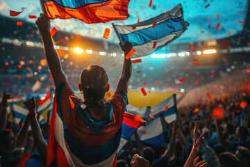 Fans cheering enthusiastically, waving flags at a sports event - obrazy, fototapety, plakaty