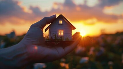 Close-up of a hand holding a small house model against a backdrop of a sunset, evoking feelings of warmth and coziness associated with home. 