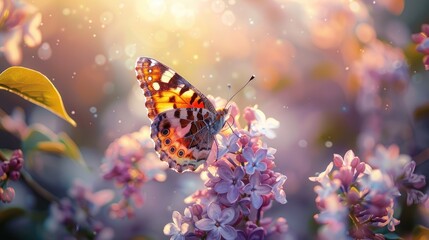 Vanessa cardui butterfly pollinating lilac flowers - obrazy, fototapety, plakaty
