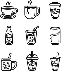 A set of beverage design outline illustrations. Hot and cold drinks icon doodle design