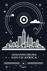 Johannesburg city vintage poster with abstract cityscape and skyline. Chalkboard vector black and white illustration for South Africa metropolitan, vertical graphic
