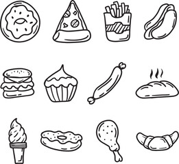 A set of fast food outline design sketch drawings. Donut pizza burger fries hot dog sausage illustration