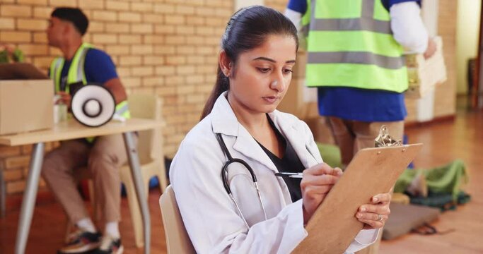 Volunteer, Doctor And Woman With Registration, Healthcare And Community Service At Refugee Project. Care, Charity And Medical Professional At Ngo For Help, Support And Non Profit Center For Treatment