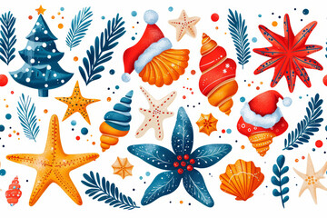 Fototapeta na wymiar Festive Marine Life Christmas Pattern with Holiday Elements