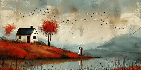 painting of A couple and a house with a red roof nestled by a lake under a gray sky, with mountains in the distance and birds flying overhead.