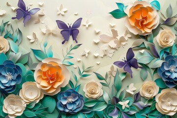 3D paper art of butterflies and flowers, with an elegant color palette of teal blue purple orange green beige and white, creating a beautiful spring background
