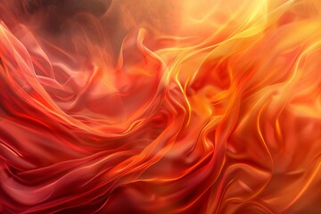 Fototapeta premium 3D rendering of an abstract background with flowing red and orange waves of fabric. Soft light and blurred smoke along with stars appear at the edges of the composition. Digital art for design