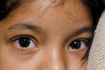 Closeup of a young girls eyes looking at the camera