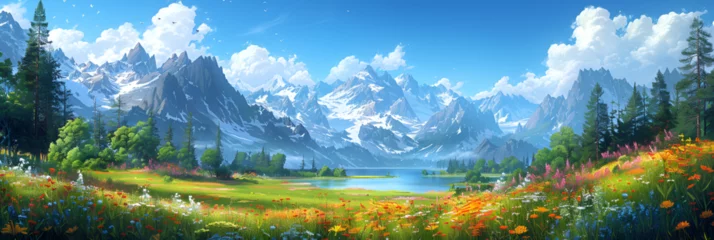 Rolgordijnen landscape with mountains and sun, Beautiful Landscape Illustration   © Sana Ullah