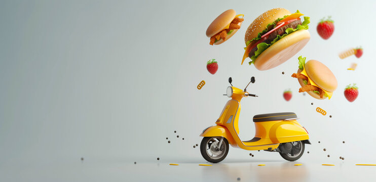 An imaginative 3D render captures a vibrant yellow scooter in motion, its journey accompanied by a whimsical ensemble of flying fast food. Burgers with crispy chicken, fresh lettuce, and ripe tomatoes