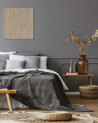 Serene bedroom with minimalist elegant decor and natural light. Interiors composition.