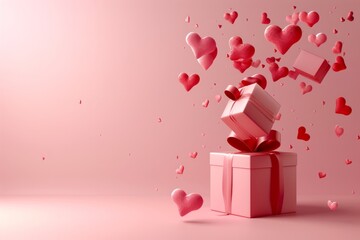 3d rendering of valentine's day concept with flying hearts and cube box on pink background. Valentine mockup design for banner, poster or presentation. Love symbol