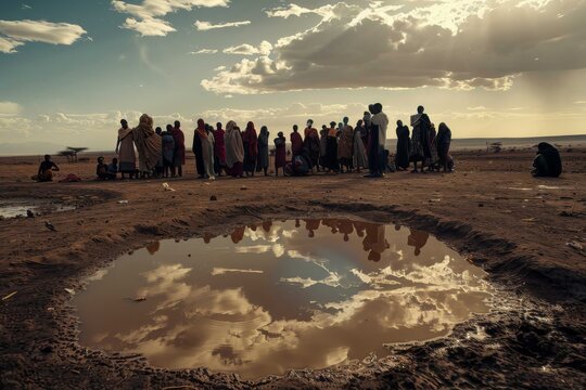 A line of people waiting at a water distribution point, demonstrating the demand for clean water during the drought.