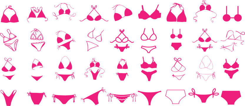 Bikini, swimwear, vector icons set, pink illustrations, summer beachwear. Top view styles for e commerce, fashion store. Modern design, women’s apparel, vacation