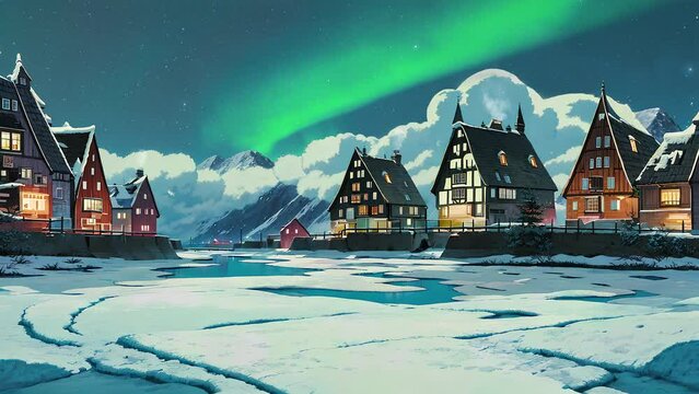 A peaceful village on top of a snowy mountain on a magical aurora night. Animated 2D lofi cartoon