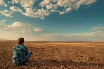 Fototapeta na wymiar A person looking out at a vast, empty horizon, contemplating the uncertainty of the future during the drought.