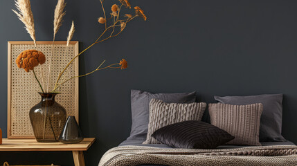 Serene bedroom with minimalist elegant decor and natural light. Interiors composition.