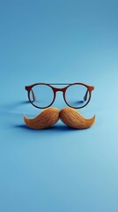 3d render of cute cartoon moustache and glasses on blue background