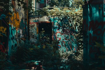 A chaotic urban jungle with abstract graffiti tags, overgrown foliage, and decaying infrastructure,...