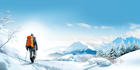 Naklejka na ściany i meble a man with skis in snow at Mountains White Slopes and Glacier on a blue sky background 
