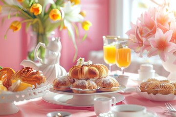 3d render of easter breakfast table with pastries, orange juice and flowers in pink room. Bright daylight. Close up