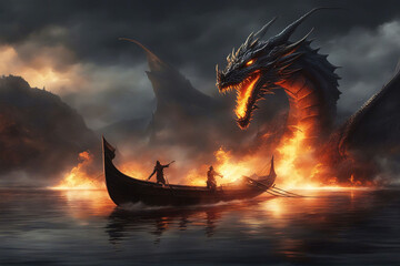 A fire breathing dragon attacking a boat. - obrazy, fototapety, plakaty
