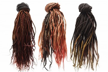 3 different long dreadlocks hair isolated on white background, different colors of brown and black dreadlock hair with beautiful curls, photorealistic