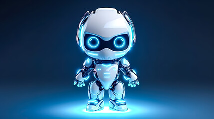 A robot with blue eyes stands in front of a blue background