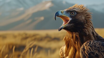 Golden eagle with its beak wide open in the field