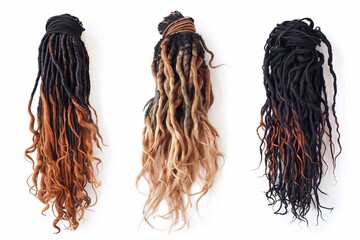 3 different long dreadlocks hair isolated on white background, different colors of brown and black dreadlock hair with beautiful curls, photorealistic