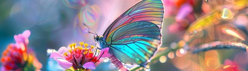 Iridescent butterfly on a dewy flower soft morning light - obrazy, fototapety, plakaty
