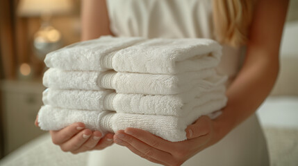 Close up of chambermaid with fresh towels in hotel.
