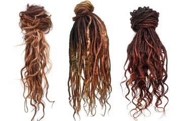 3 different long dreadlocks hair isolated on white background, different colors of brown and black dreadlock hair with beautiful curls, photorealistic