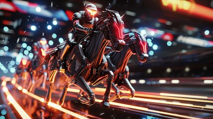 Obraz premium Robotic horse racing in cyberpunk arena action shot