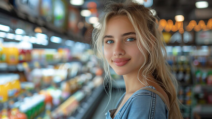 Happy woman enjoying in grocery shopping at supermarket.