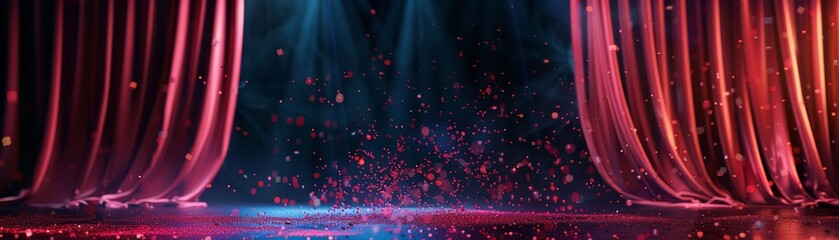 Stage with red curtains glowing particles - obrazy, fototapety, plakaty