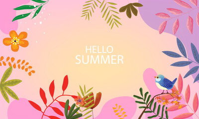 Hello Summer concept design with abstract jungle exotic leaves, floral, colorful vector background for banner, poster, cover and print.