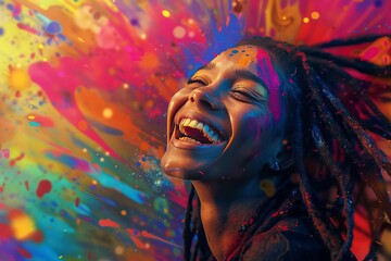 A beautiful black woman with dreadlocks laughing. In the background is an explosion of colors and shapes in the style of digital painting, with high contrast and colorful, hyper realistic style