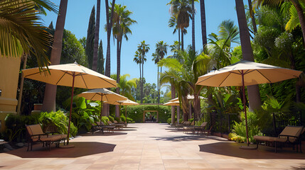 Fototapeta premium beach with umbrellas and chairs, A perfect summer day in California, Beverly Hills, relaxing under the shade of tall palms and enjoying the warmth of the sun.