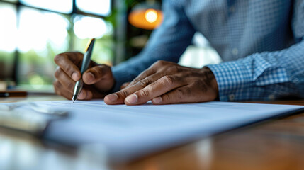 Close-up of a businessman signing a contract with a pen at an office meeting during a deal