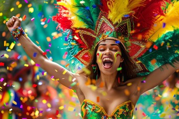 A beautiful woman in a samba costume with a feather headdress and a green, yellow, and red dress celebrating at carnival. Confetti is flying around her as she screams with joy. realistic 