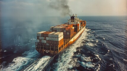 A container ship, a giant of maritime logistics, cutting through the blue waters, AI Generative