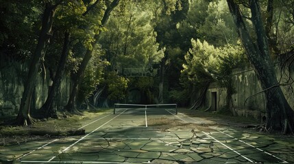 An ancient tennis court surrounded by towering trees, their roots breaking through the cracked surface,